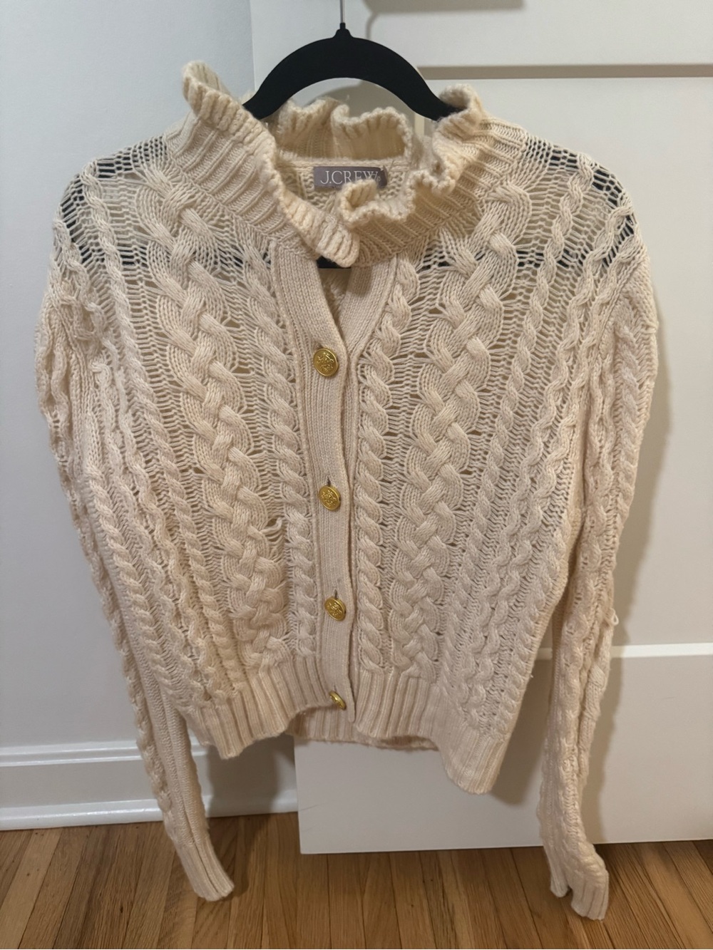 J. Crew Cream Cable Knit Ruffle Mock Neck sweater with Gold Buttons